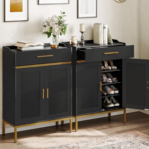 Narrow Shoe Storage Cabinet for Entryway, Gold and Black with Adjustable Shelves