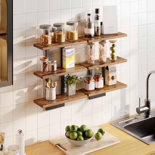 2-Pack Floating 3-Tier Wall Shelves for Bathroom, Living Room, Bedroom, Kitchen - Rustic Brown/Black