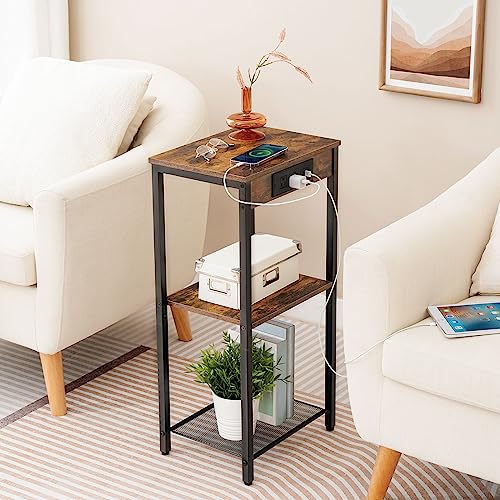 Tall End Table with Charging Station for Living Room and Bedroom