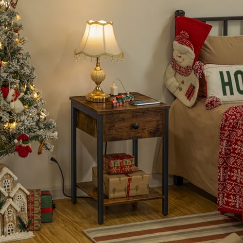 Rustic Brown Nightstand with Charging Station and USB Ports for Bedroom