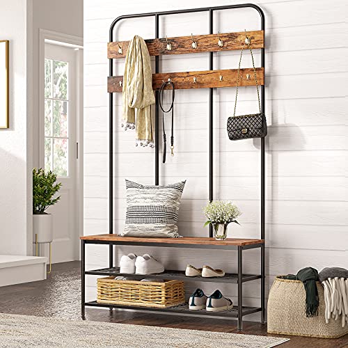 Entryway Hall Tree with Bench and Coat Rack, Rustic Brown