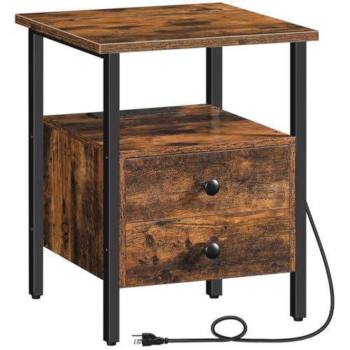 Rustic Brown Bedside Table with Charging Station for Small Spaces