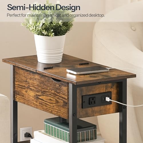 Narrow End Table with Charging Station & Storage for Small Spaces