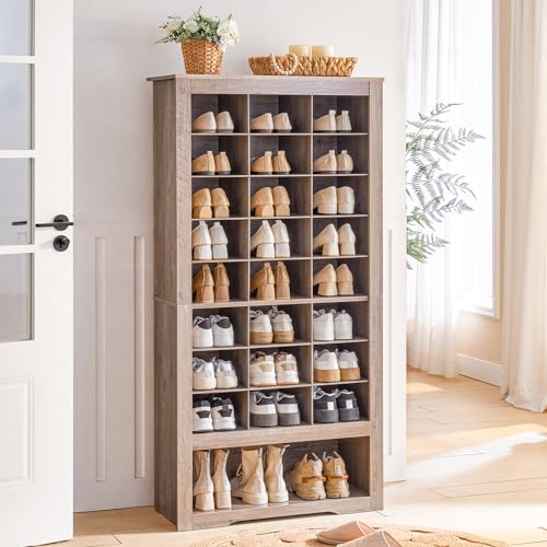 Tall Wooden Shoe Cabinet Organizer with 24 Cubbies and 3 Hooks for Entryway and Closet