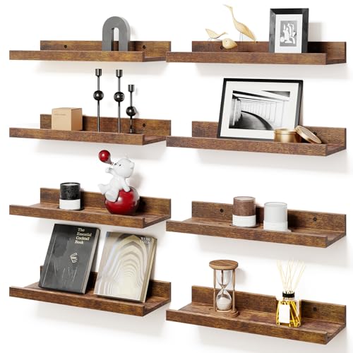 Rustic Brown Floating Shelves Set for Wall Decor - Set of 8 - For Bedroom, Bathroom, Nursery, Living Room