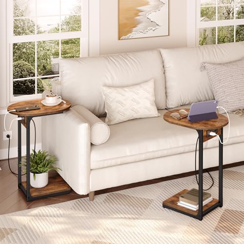 C Shaped End Table with Charging Station for Small Spaces - Rustic Brown and Black