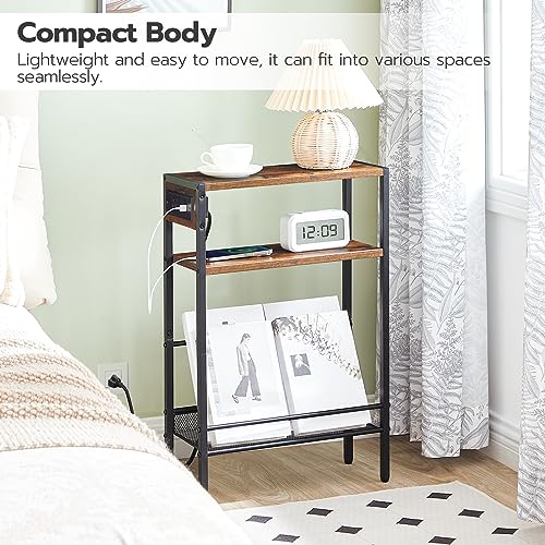 Small End Table with Charging Station and USB Ports for Small Spaces, Rustic Brown and Black