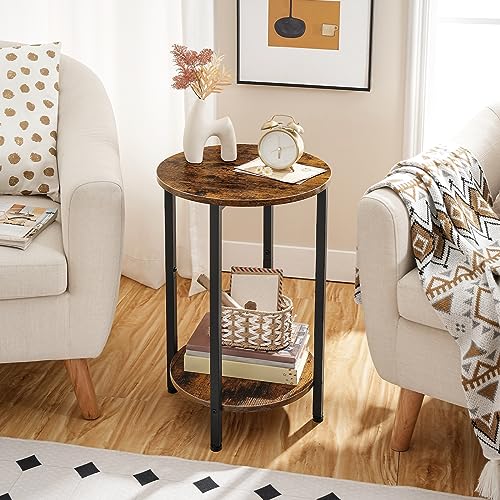 Round Side Table with Storage Shelf for Small Spaces, Living Room, Bedroom - Rustic Brown
