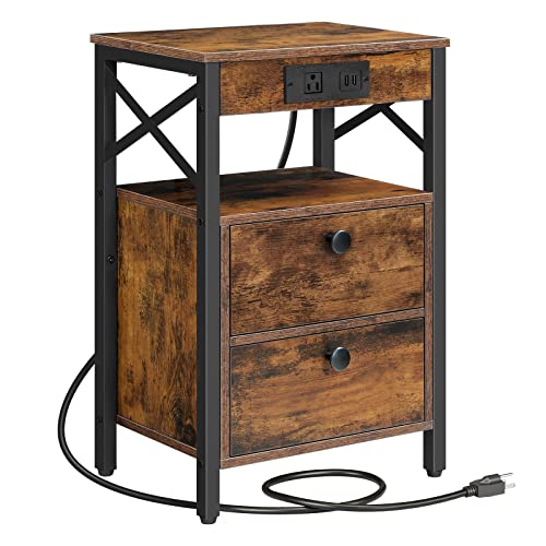 Nightstand with Charging Station and USB Port for Bedroom, Rustic Brown and Black