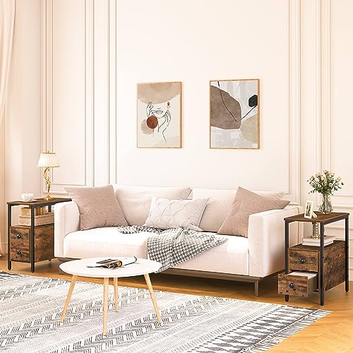 Set of 2 Narrow Nightstand End Tables for Small Spaces, Living Room, Bedroom - Rustic Brown and Black