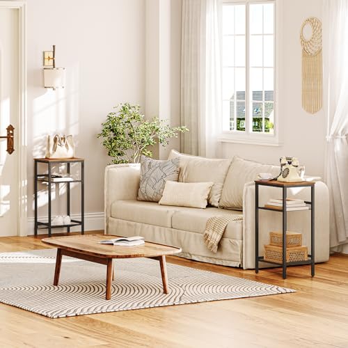3-Tier Tall Side Table for Living Room or Office, Rustic Brown and Black
