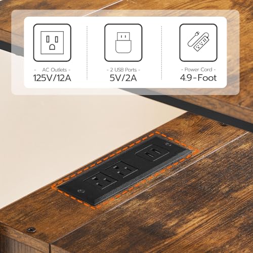 Rustic Brown Bedside End Table with Charging Station and USB Ports for Small Spaces