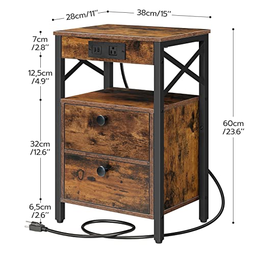 Nightstand with Charging Station and USB Port for Bedroom, Rustic Brown and Black