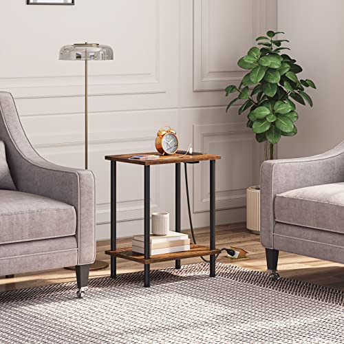 Rustic Brown Side Table with Charging Station and Storage