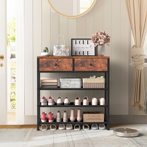 4 Tier Metal Shoe Rack Organizer with Drawers, 9-12 Pairs, Closet Entryway Stand - Rustic Brown
