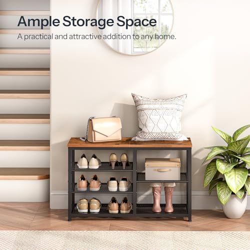 5 Tier Shoe Bench for Entryway, Bedroom, Living Room - Rustic Brown and Black