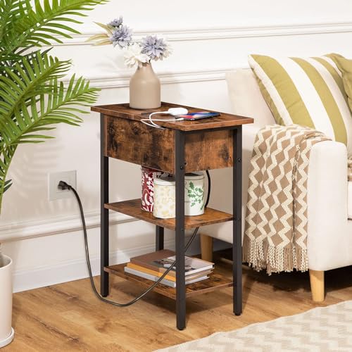 Narrow End Table with Charging Station and USB Ports for Small Spaces - Rustic Brown