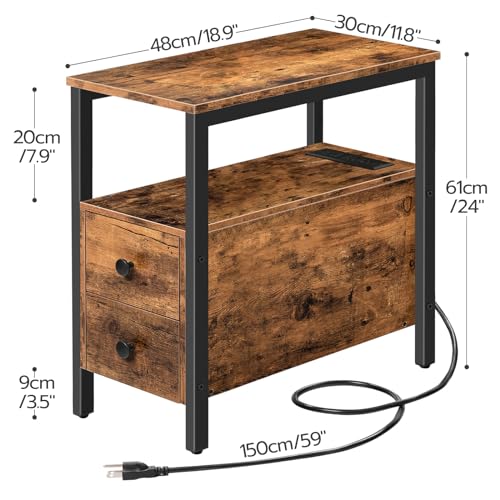 Rustic Brown and Black Narrow Side Table with Charging Station and 2 Drawers for Small Spaces