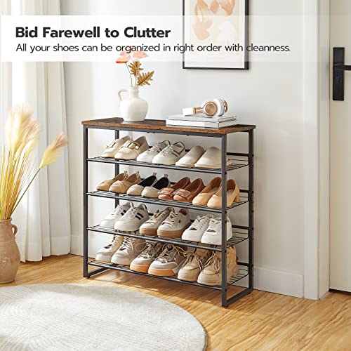 5 Tier Adjustable Shoe Rack for Entryway or Closet, Rustic Brown/Black - Holds 16-20 Pairs