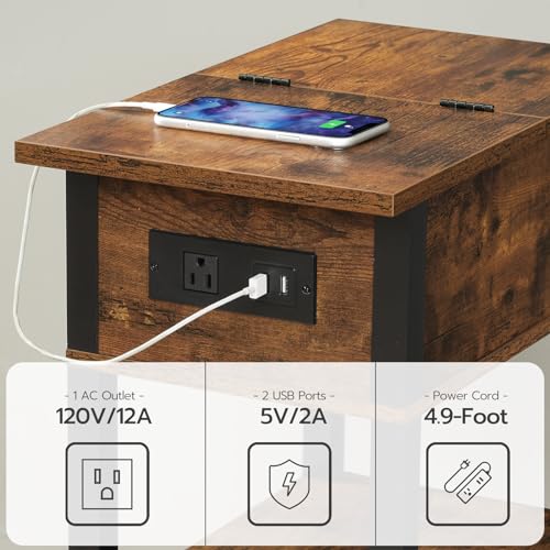 Rustic Brown & Black End Table with USB Ports for Small Spaces