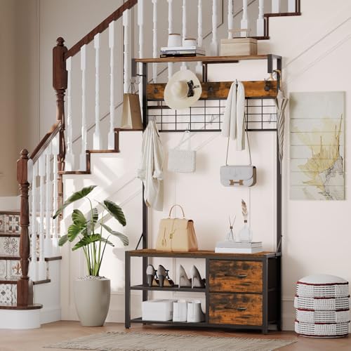 Rustic Coat and Shoe Rack with Bench and Drawers for Entryway