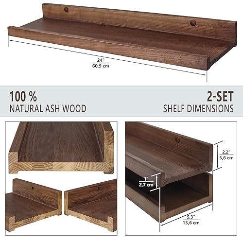 Handcrafted 24 inch Natural Wood Floating Wall Shelves (Set of 2) - for American Walnut, waterproof, with lip for photo display - for Wall Storage and Hanging Books