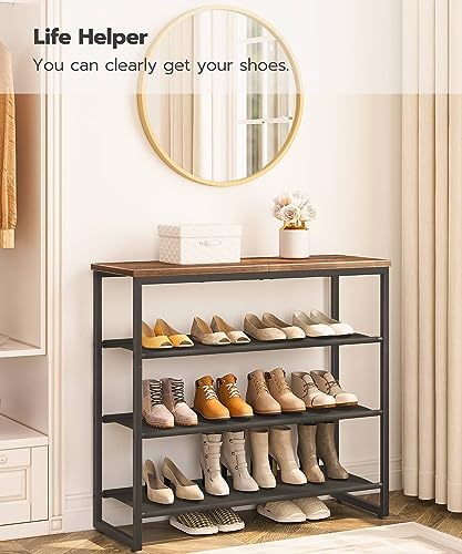 4 Tier Shoe Rack Organizer for Entryway and Closet, Industrial Rustic Brown - Holds 12-16 Pairs