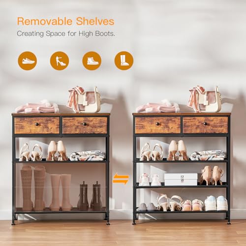 4 Tier Metal Shoe Rack Organizer with Drawers, 9-12 Pairs, Closet Entryway Stand - Rustic Brown