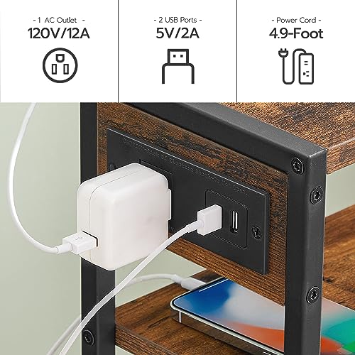 Small End Table with Charging Station and USB Ports for Small Spaces, Rustic Brown and Black