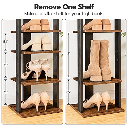 8-Tier Vertical Wooden Shoe Rack with Hooks for Entryway, Living Room, Bedroom (Rustic Brown)