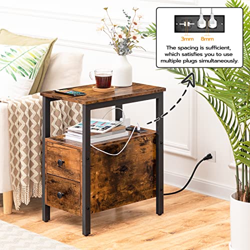 Rustic Brown and Black Narrow Side Table with Charging Station and 2 Drawers for Small Spaces