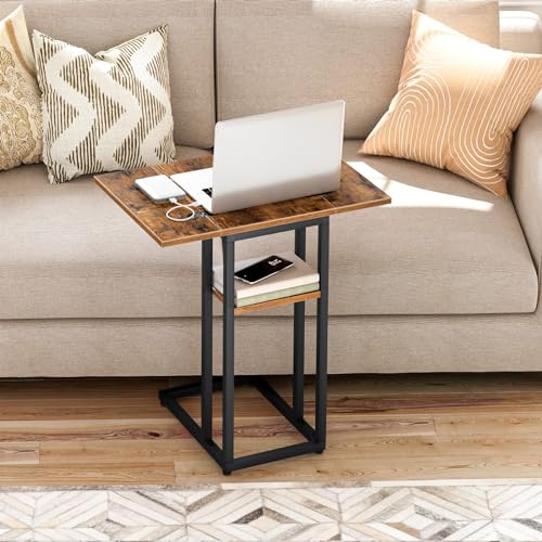Foldable C Shaped End Table with Storage Shelf for Small Spaces, Easy Assembly - Rustic Brown