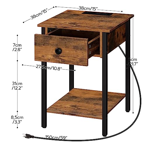 Rustic Brown Nightstand with Charging Station and USB Ports for Bedroom