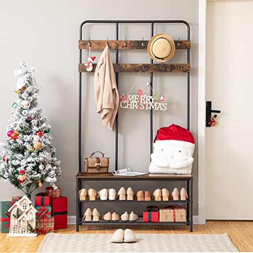 Entryway Hall Tree with Bench and Coat Rack, Rustic Brown