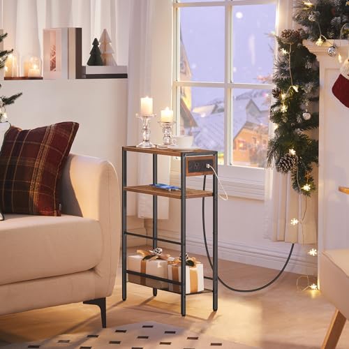 Small End Table with Charging Station and USB Ports for Small Spaces, Rustic Brown and Black