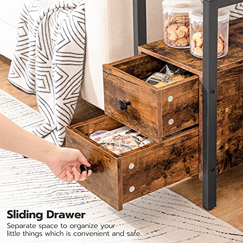 Rustic Brown & Black Narrow Side Table with Charging Station & 2 Drawers