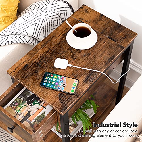 Rustic Brown & Black End Table with Charging Station for Small Spaces
