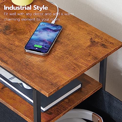 End Table with Charging Station for Small Spaces, Living Room, Bedroom - Rustic Brown & Black