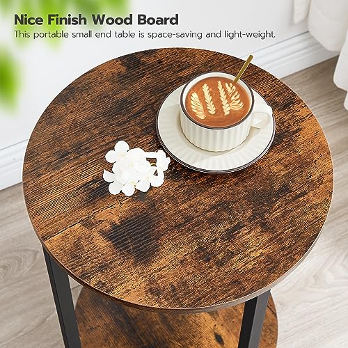 Rustic Brown Round Side Table with Storage, Small Spaces